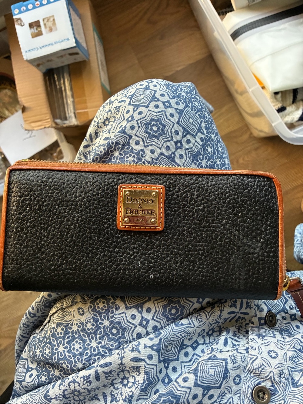 Dooney & Bourke Black Pebbled Leather Zip Wallet with Brown Trim